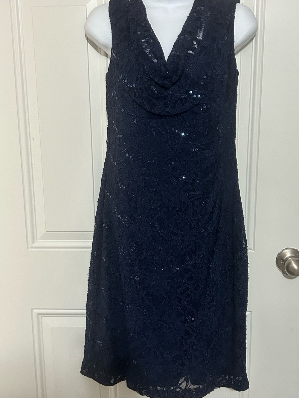 Ralph Lauren Navy Lace Sequin Sleeveless Cowl Neck Dress